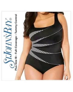 St. John's Bay Sz 18 Black White Tummy Control One-Piece Swimsuit Full-Coverage - Picture 1 of 14