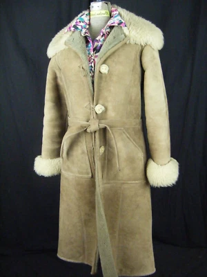 DURANGO SHEEPSKIN CO Vtg Taupe Long Sheepskin Wide Collar Coat-Bust 36/2XS-XS - Image 1 of 4