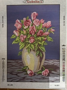 needlepoint Tapestry 45x60cm Gobelin Canvas Only Pink Roses - Picture 1 of 4