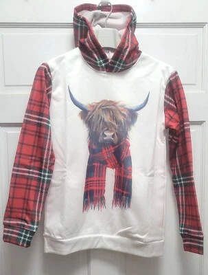 Sudadera con Capucha Highland Cow Navidad Estampado a Cuadros Mangas - Blanca - Pequeña Foto 1 de 3