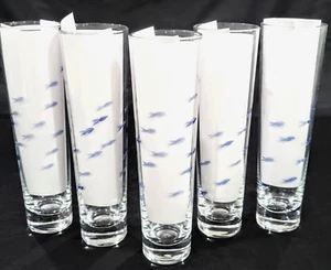 SCHOOL OF FISH Set of 5 Etched BLUE Fish Tall Highball Glasses Barware 7.5" - Picture 1 of 4