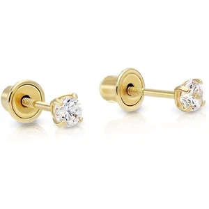 Natural Genuine Diamond Stud Screw Back Earrings in 14k Solid Yellow Gold - Picture 1 of 2