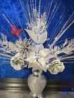 Artificial Silk Flower Arrangement Silver Flowers bling Vase White Lights