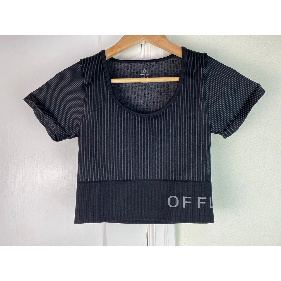 Top corto de compresión atlético Aerie Offline para mujer M negro cuello redondo Foto 1 de 4