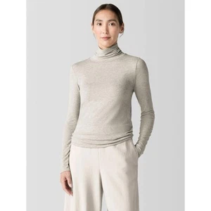Eileen Fisher Sheer Knit Turtleneck Top Dove Sz Medium - Picture 1 of 12