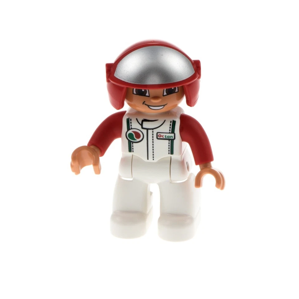 1x Lego Duplo Figurine Mann White Jacket Red Octane Logo Helmet Racer 47394pb161 - Image 1 of 1