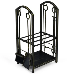 Fireplace Log Rack with 4 Tools Set Fireside Firewood Holders Indoor Outdoor - Picture 1 of 23