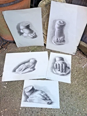 Antiguo lote de dibujos de estudio de carbón pie de bebé y moldes de mano fechados victorianos Foto 1 de 4