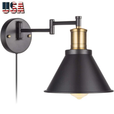 Vintage Swing Arm Wall Lamp Plug-In Cord Industrial Wall Sconce Light Bedroom