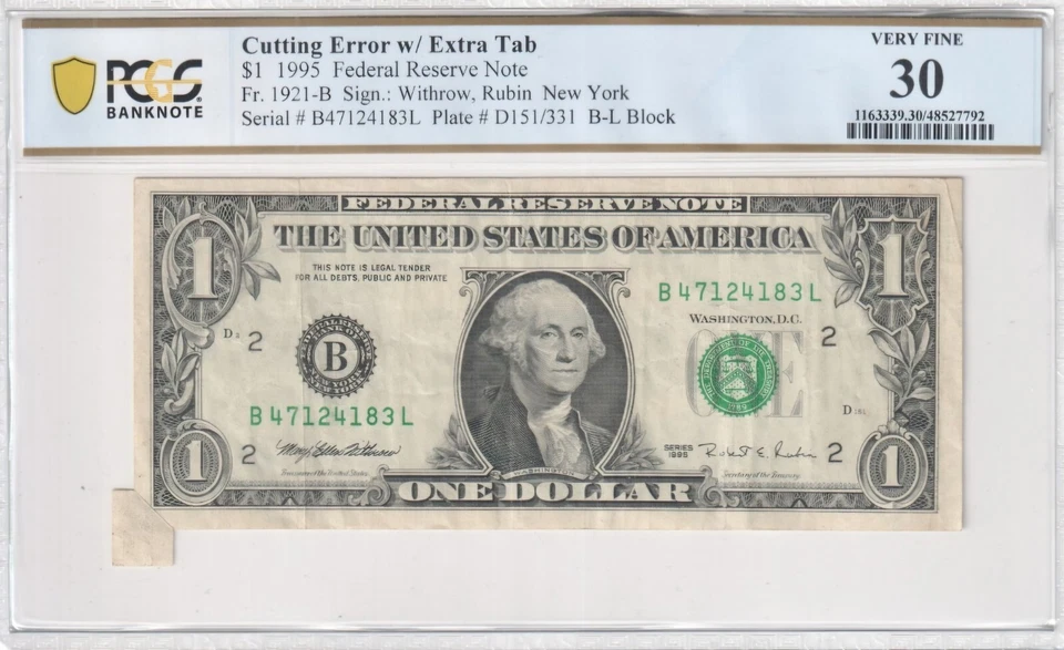 2 In 1 Cutting Error W / Extra Tab $1 1995 FRN PGSC 30 Very Fine Hard To Find  - Image 1 of 4