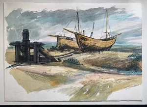 Fishing Boats At Dungeness Original watercolour signed Pamela Guille ARCA 1978 - Picture 1 of 18
