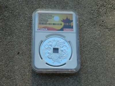2018 CHINA 1 OZ SILVER DRAGON & PHOENIX MEDAL NCG GEM PROOF THE G WALL - Image 1 of 4