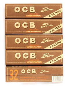 5 booklets OCB VIRGIN SLIM Unbleached Rolling paper King Size + FILTER TIPS - Picture 1 of 2