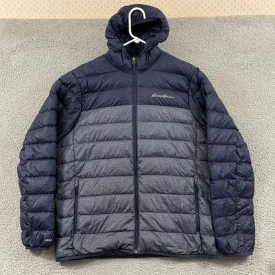 Eddie Bauer 650 Puffer Jacket Mens L Blue Quilted Hooded Hiking Pocket Outdoor - Image 1 of 4