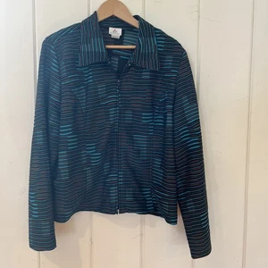 IC by CONNIE Striped JacketxTextured Women's XXL Vtg, Full Zipper, Collar, Teal - Picture 1 of 9