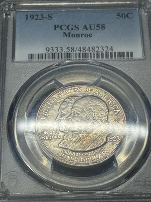 1923 S Monroe Commemorative Half Dollar PCGS AU58 Toned Toning Everyman  - Image 1 of 4