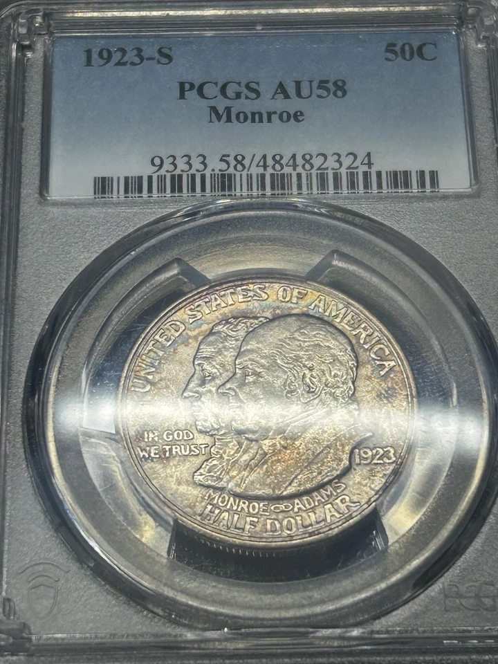 1923 S Monroe Commemorative Half Dollar PCGS AU58 Toned Toning Everyman  - Image 1 of 4