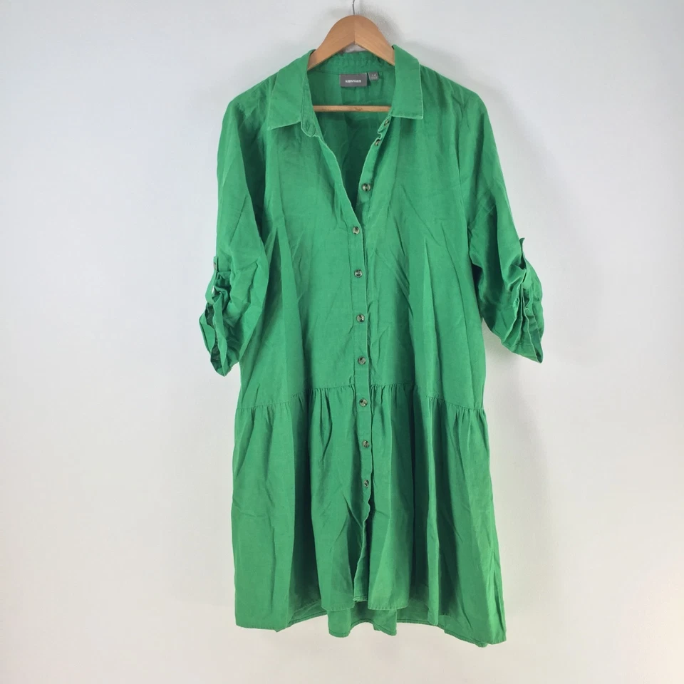 Sussan Mujer Camisa Vestido Talla 14 Verde Manga 3/4 Lino Algodón Cuello 124870 Foto 1 de 4