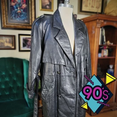 Gabardina de cuero negra vintage de los 90 Wilson para hombre doble pecho - pequeña Foto 1 de 4