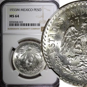 Mexico ESTADOS UNIDOS MEXICANOS Silver 1933 M Peso NGC MS64 BU KM# 455 (022) - Picture 1 of 5