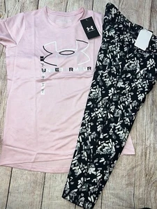Under Armour Youth Large (14/16) Pink Black Crop Legging Outfit Set NEW - Picture 1 of 1
