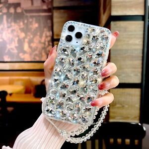 For iPhone 15 Pro Max 12 11 13 14 Max Bling Sparkle Diamond Case W/ Chain Strap