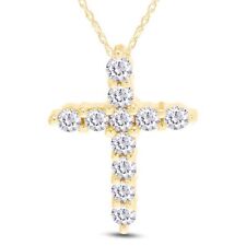 Round Simulated Diamond Prong Set Cross Pendant Necklace 10K Solid Yellow Gold