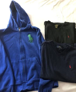 Lot of 3 Ralph Lauren Polo Boys Size Large 14 16 V Neck Shirts Blue Hoodie Pony - Picture 1 of 9