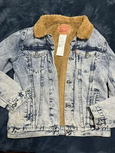 Levi's Denim Jacket Youth XL 13-15 Sherpa Lined Acid Wash Jean Trucker Snap - Picture 1 of 4