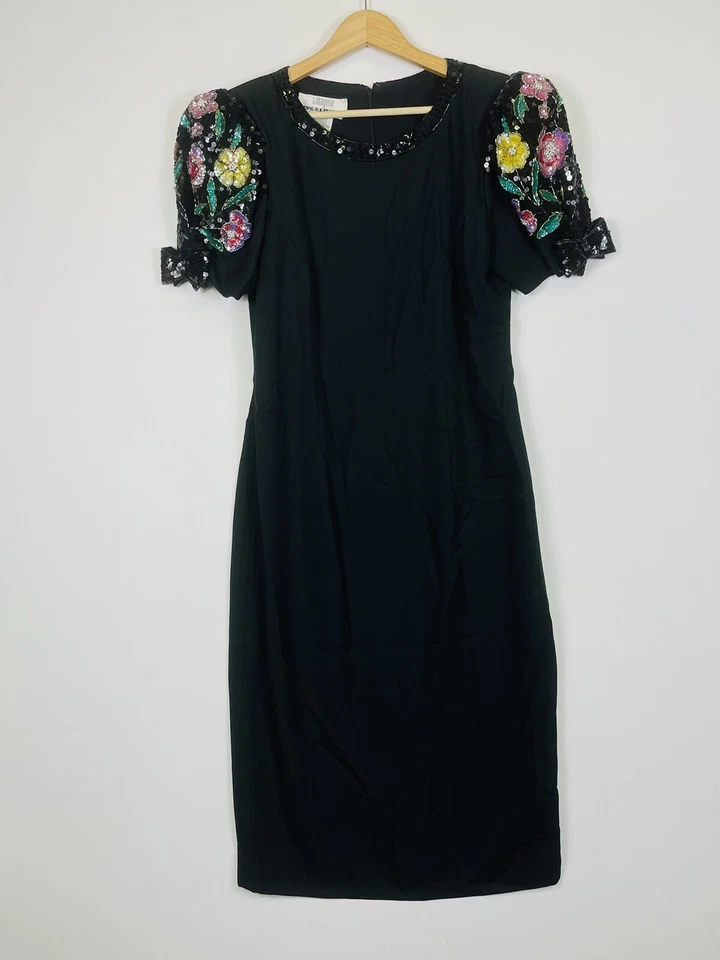 Vestido vaina Jack Bryan vintage negro crepé abullonada lentejuelas mangas con cuentas para mujer 12 Foto 1 de 4