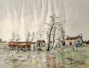 PEINTURE D 'ÉDOUARD FEBVRE (1885-1927) ROULOTTE TZIGANE. 61×46cm - Imagen 1 de 14