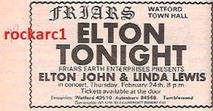 ELTON JOHN UK TIMELINE Advert - Friars Watford Thursday 24- Feb-1972 #1 3x1 inch - Imagen 1 de 1
