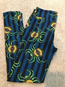 LLR Lularoe Halloween Leggings OS Black & Blue Striped Spiders Orange Green HTF - Picture 1 of 2
