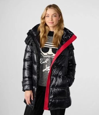 NUEVO CON ETIQUETAS Chaqueta Karl Lagerfeld Paris CONTRASTE CINTURÓN CORTA PUFFER NEGRA PRECIO DE VENTA SUGERIDO POR EL FABRICANTE: $325 Foto 1 de 4