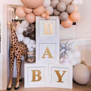 Baby Shower Letter Boxes Set - 4 White Paper Blocks (27cm) with Gold Baby+A-Z Le - Picture 1 of 7