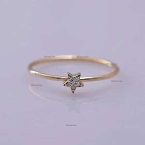 Natural Diamond Petite Star Gold Thin Band Ring 14k Yellow Gold Stacking Ring - Picture 1 of 6