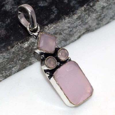 Pretty Pink Chalcedony Faceted 925 Silver Plated Pendant 1.6" JW - image 1 of 3