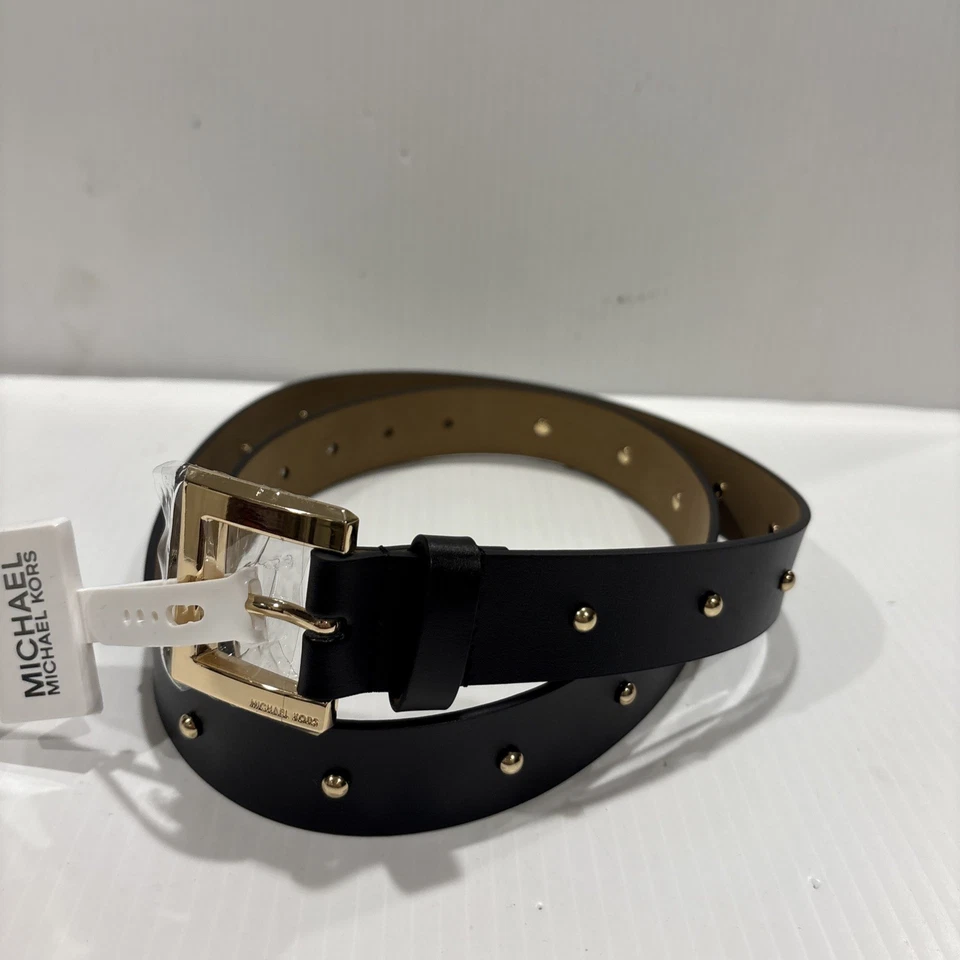 НОВЫЙ MICHAEL KORS женщин кожаный ремень W золотой гвоздики и пряжки черный Sz маленький - Изображение 1 из 4