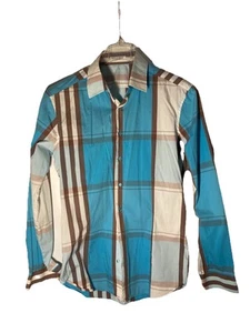 NARACAMICIE Mens L Designer Shirt-Blue & Brown Vertical Stripe-Made In Italy-NEW - Picture 1 of 7