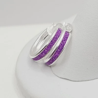 Aleure Precioso Sterling Silver Purple Glitter Bar Hoop Earrings - Image 1 of 4