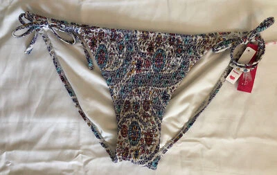 Smocked Bikini Bottom Junior Size XL Blue Boho Paisley Print Side Ties Hipster - Image 1 of 4