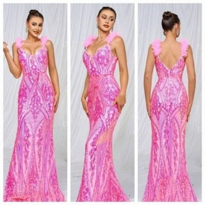Pink, Graphic Print, Feather Tank Straps, Double V, Sequined Mermaid Gown - Picture 1 of 16