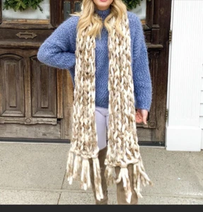 Altard State Chunky Knit Crochet Frnge Scarf Thick Tan 87” X 7” - Picture 1 of 6