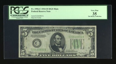 DBR 1934 $5 FRN DGS Mule Philadelphia Fr. 1956-Cdgsm PCGS 35 Serial C20449833A - Image 1 of 2