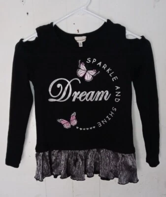 Top de autoestima para niñas talla s, color brillante y brillante negro hombro frío  Foto 1 de 4