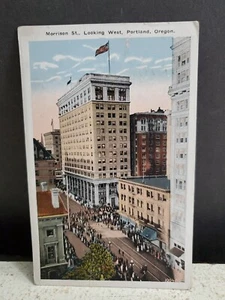 Antigua postal de 1922 Portland Oregon Morrison St mirando al oeste frontera blanca - Imagen 1 de 9