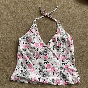 SIZE 16 - Pink & White PILOT - Floral Stretch Crop Halter Top Bow Y2K 00s Summer - Picture 1 of 9