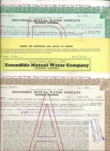 LOT(S) of 4 ESCONDIDO/SAN DIEGO CALIF WATER STOCKS/RCPTS ca 1950 $1.49 30% OFF 4 - Picture 1 of 2