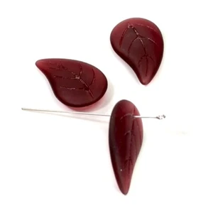 Czech Druk Glass Large Leaf Pendant, 34x20mm Magenta Dark Red Matted, 3pcs CL024 - Picture 1 of 2