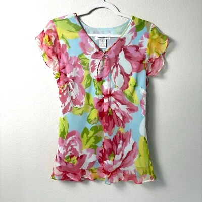 Bob Mackie Studio 衬衫 12 码粉色蓝色花卉 100% 真丝短袖飘动 — 第 1/4 张图片